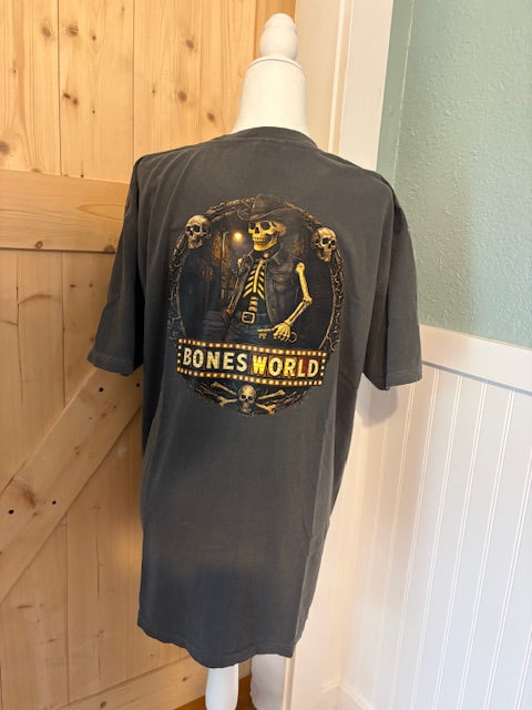 Bones World Graphic Tee – Charcoal Skeleton Vintage Shirt