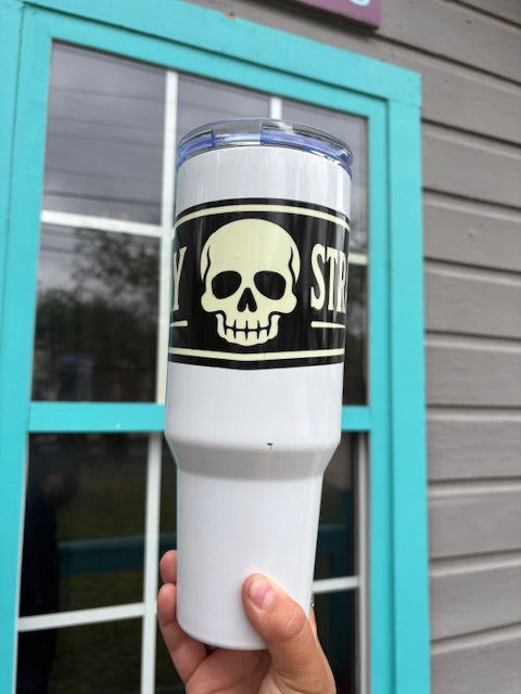 Stay Straight Skull 40oz Tumbler – White Insulated Travel Mug with Handle
