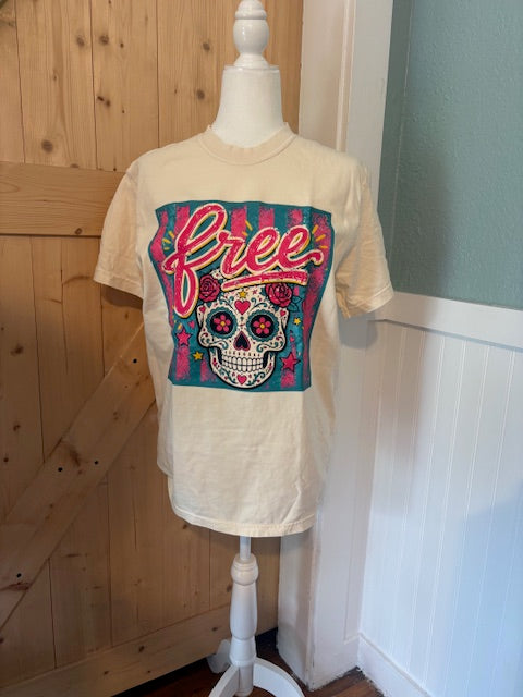 Free Sugar Skull Graphic Tee – Retro Western Cream Shirt