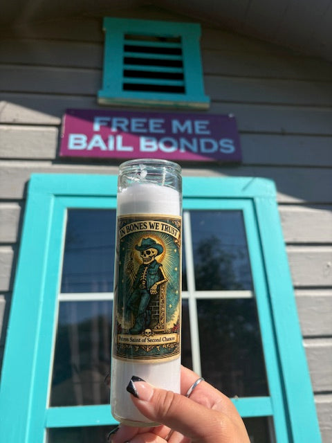 “In Bones We Trust” Skeleton Saint Prayer Candle – Vintage Western Gothic Decor