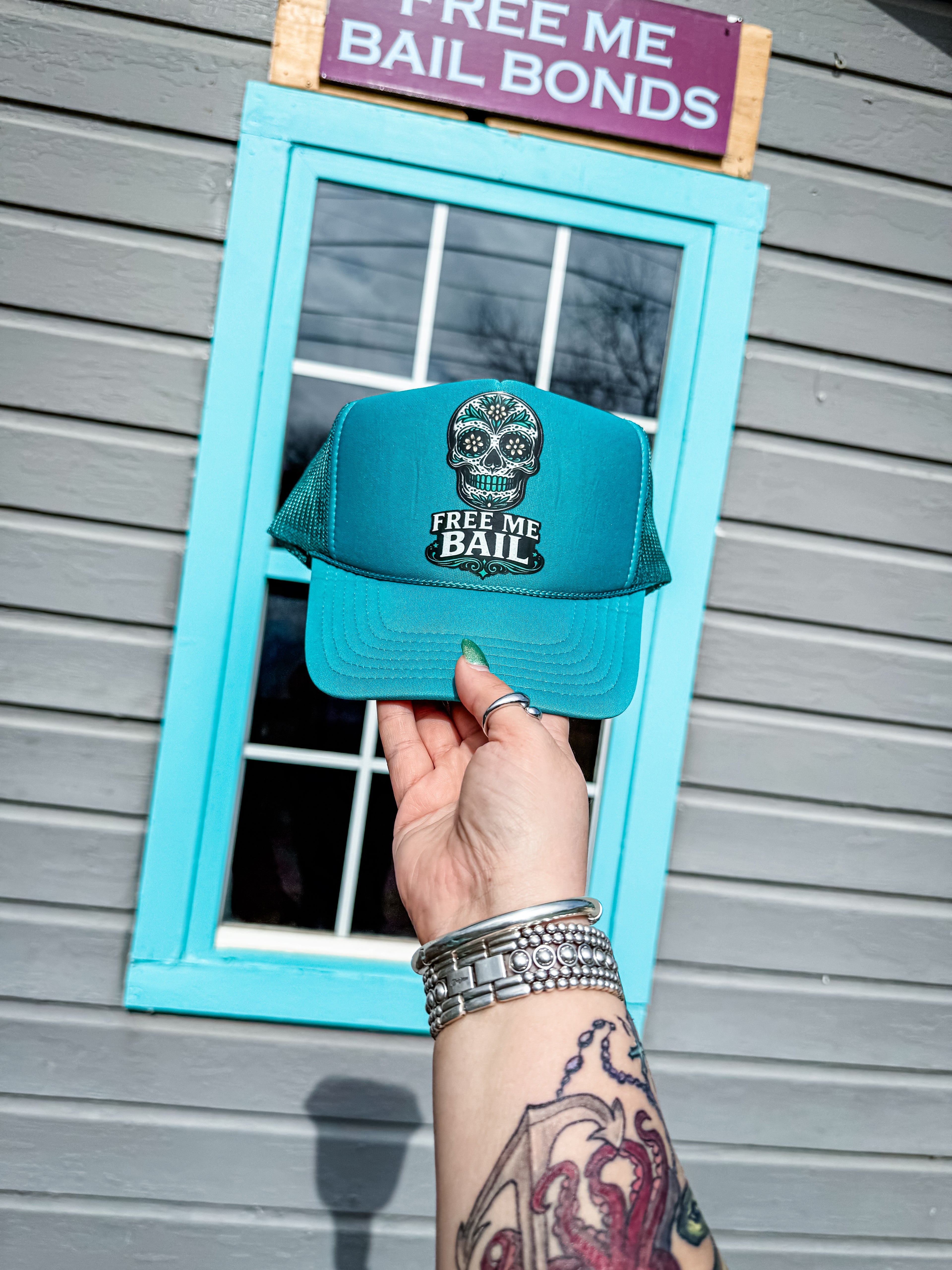 Free Me Bail Teal Trucker Hat (Sugar Skull Snapback)