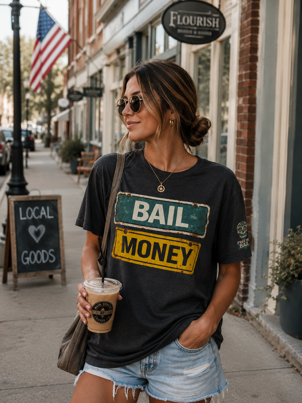 Bail Money Graphic Tee – Charcoal Vintage Street Sign Shirt