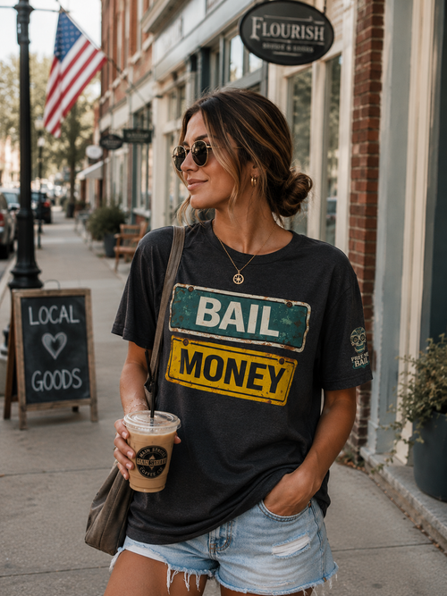 Bail Money Graphic Tee – Charcoal Vintage Street Sign Shirt