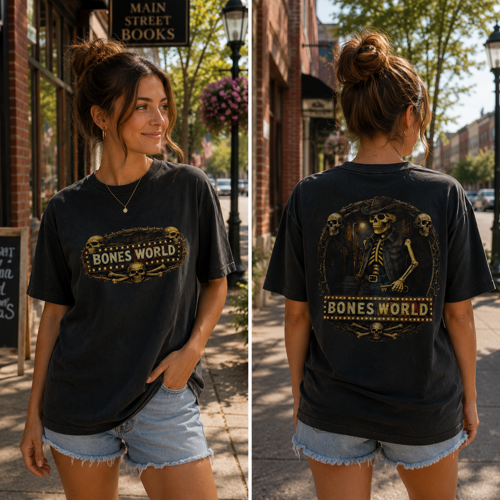 Bones World Graphic Tee – Charcoal Skeleton Vintage Shirt