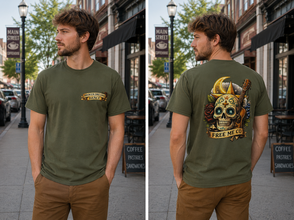 Broken Dreams Dance Skull Graphic Tee – Olive Western Vintage Shirt