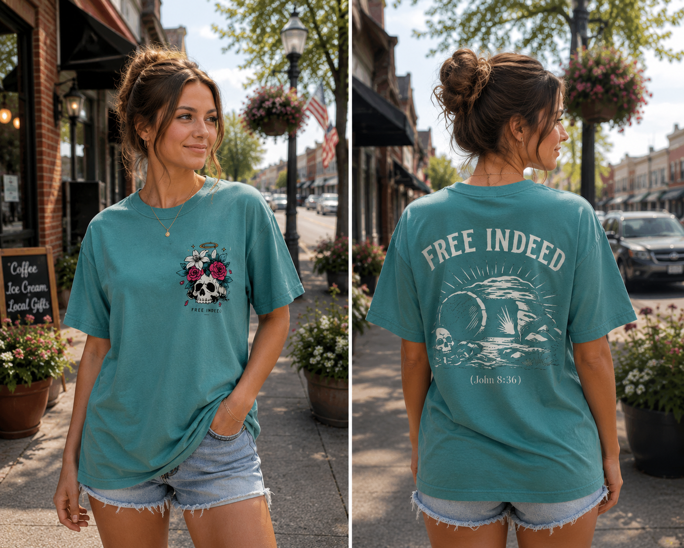 Free Indeed Graphic Tee – Teal Faith-Based Skull & Tomb Shirt