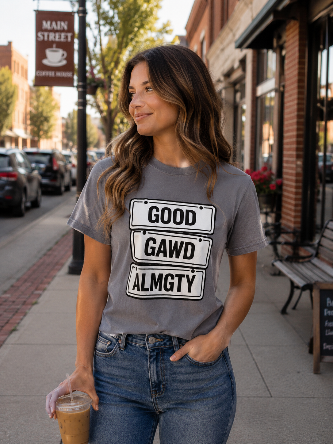 Good Gawd Almighty Graphic Tee – Gray Vintage Street Sign Shirt
