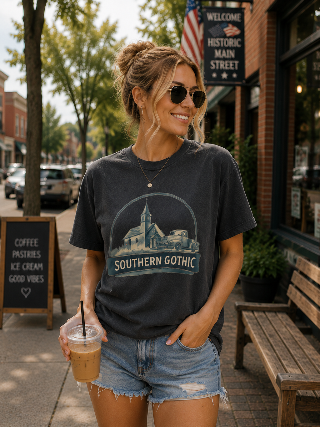 Southern Gothic Graphic Tee – Cream Vintage Church & Truck Shirt