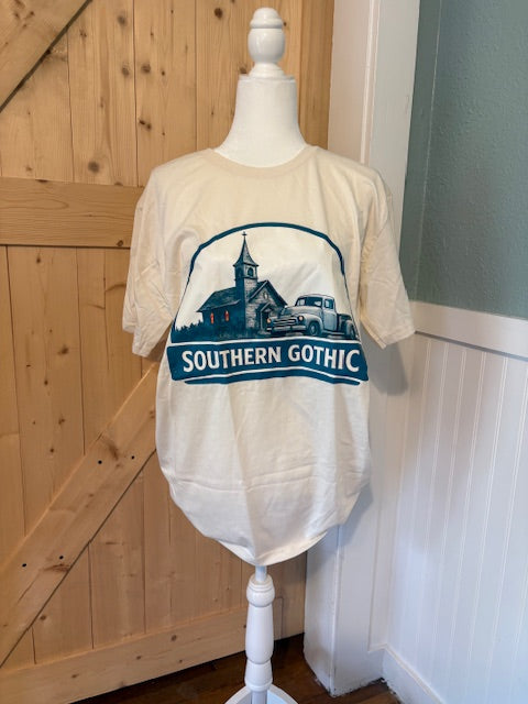 Southern Gothic Graphic Tee – Cream Vintage Church & Truck Shirt