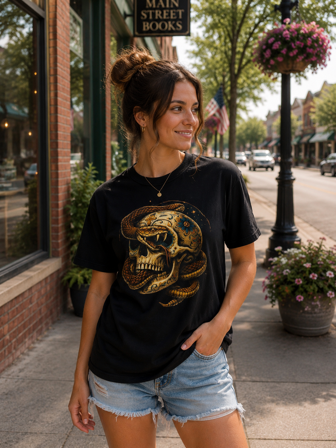 Snake & Skull Graphic Tee – Black Tattoo Style Western Shirt
